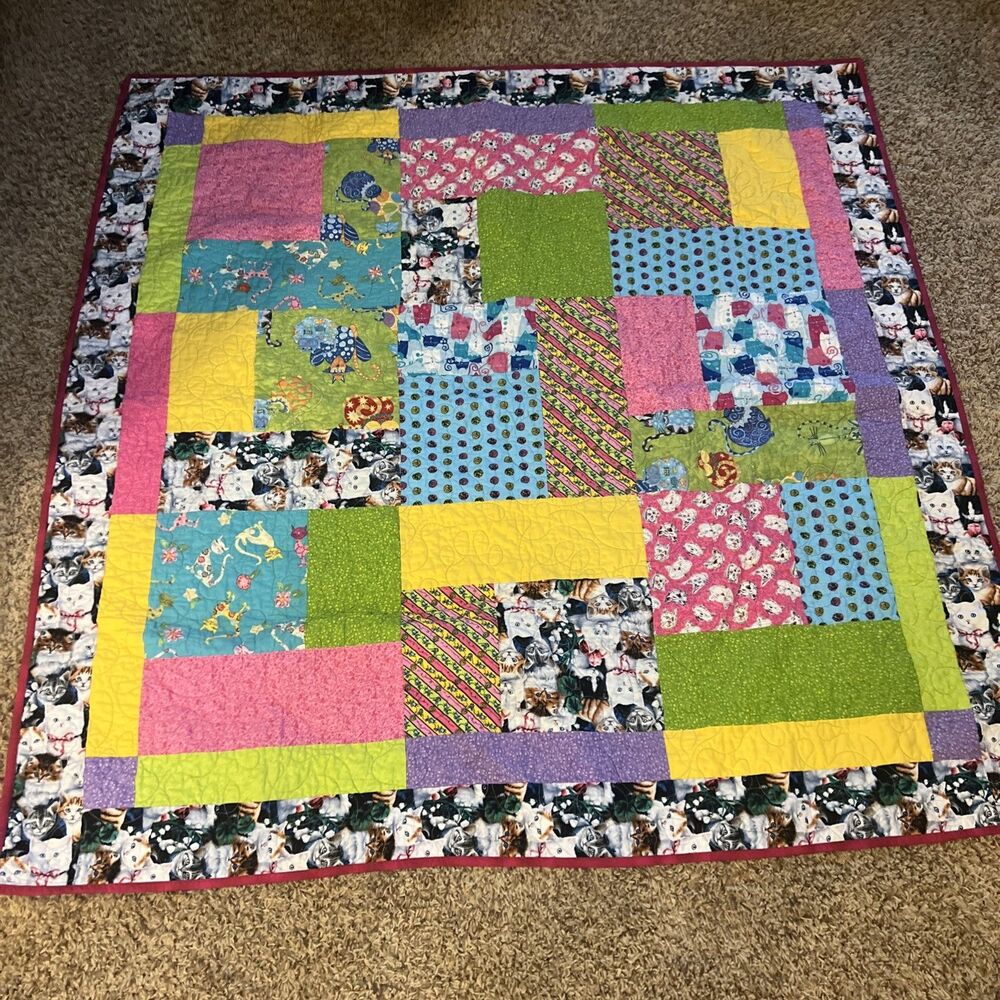 Handmade Cat Quilt 56” x 57” Colorful Patchwork Kitty Print Throw Blanket